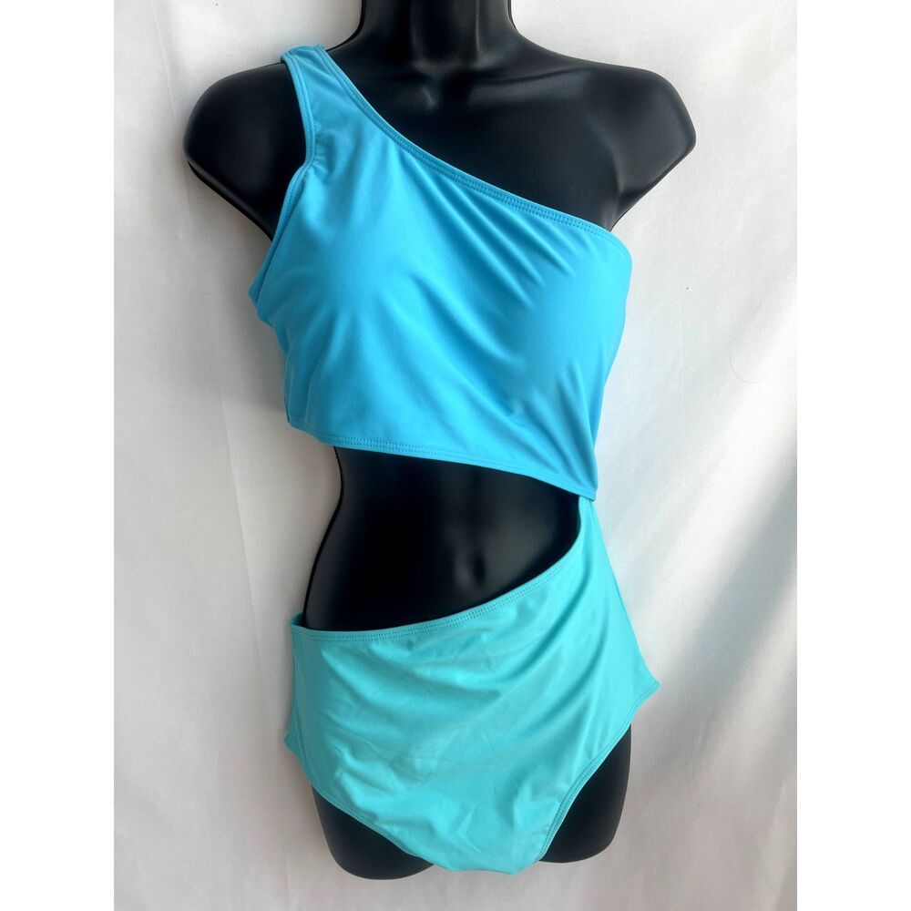 Yonique NWT One Piece Swimsuit One Shoulder Cutout Monokini Blue Turquoise sz L - Picture 2 of 12